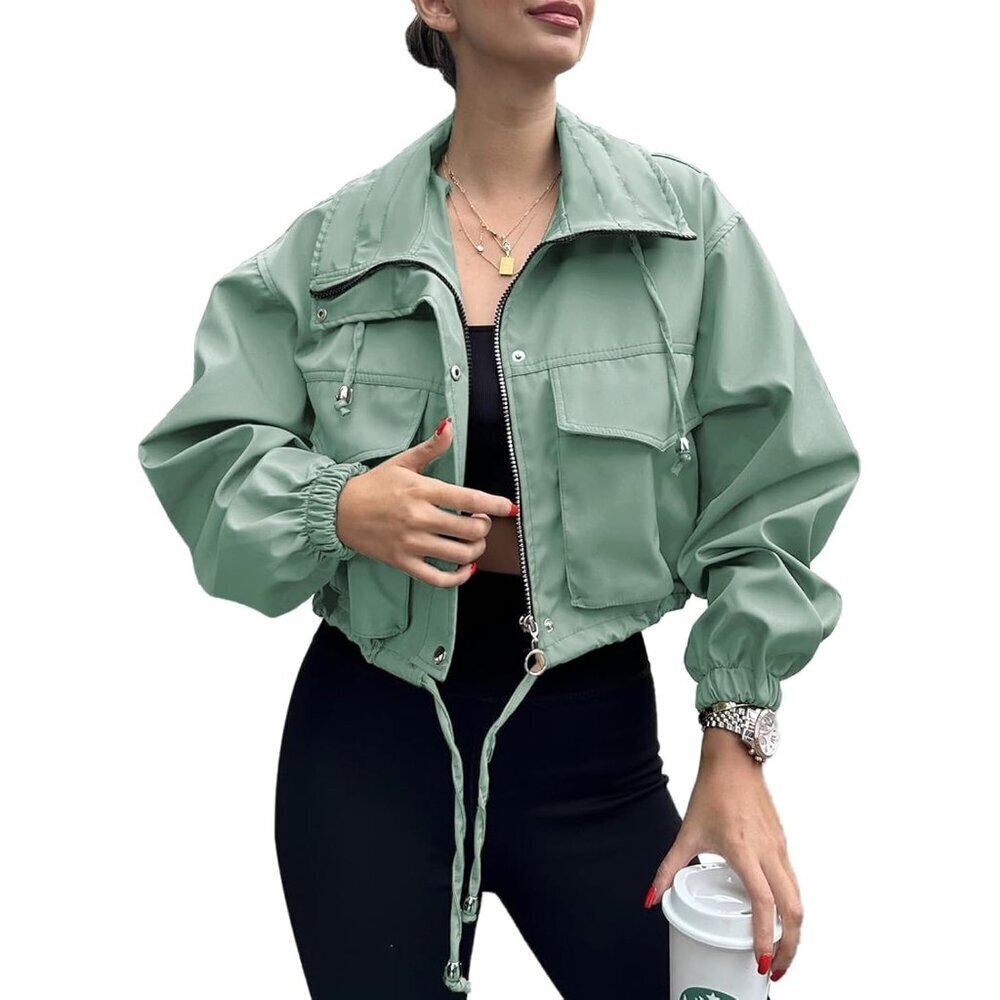 🆕Womens Green Tankaneo Cropped Jacket Zip Up Oversized Utility Anorak Coat